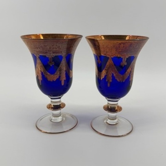 Horchow Set of 2 Cobalt Blue and Gold Gilded Stemware Glasses Made in Italy - Picture 4 of 7